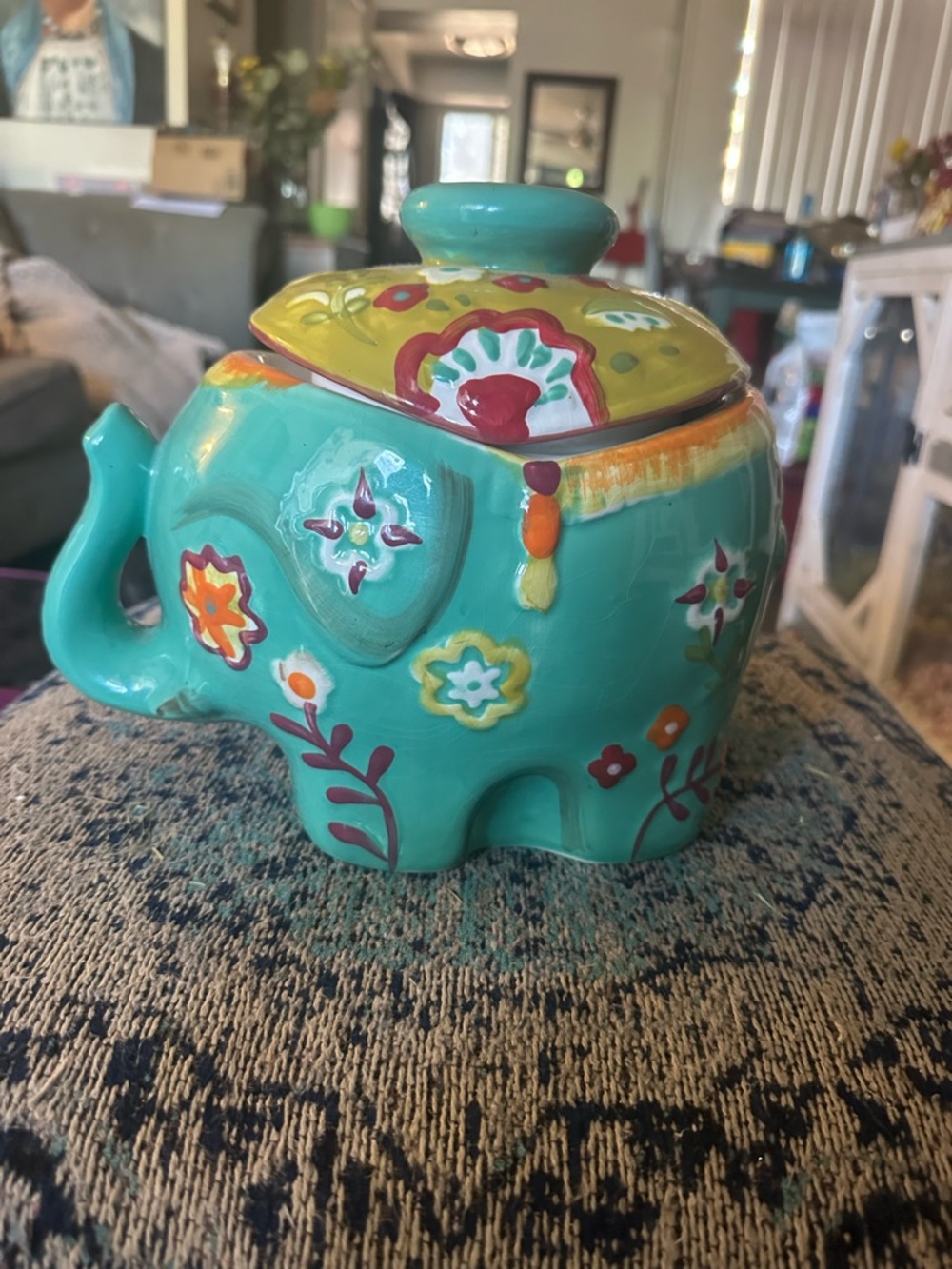 Hand-Painted Turquoise Elephant Ceramic Cookie Jar with Yellow Lid
